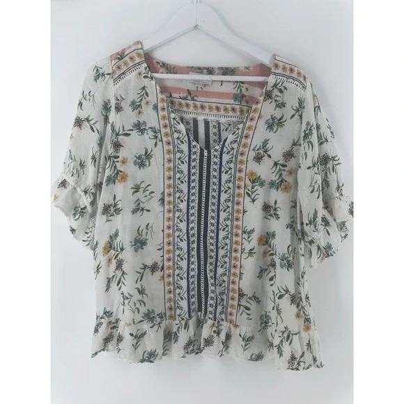 Lucky Brand Womens Floral Print Y2K Boho Peasant Flutter Blouse Size L T1000 - Picture 1 of 16